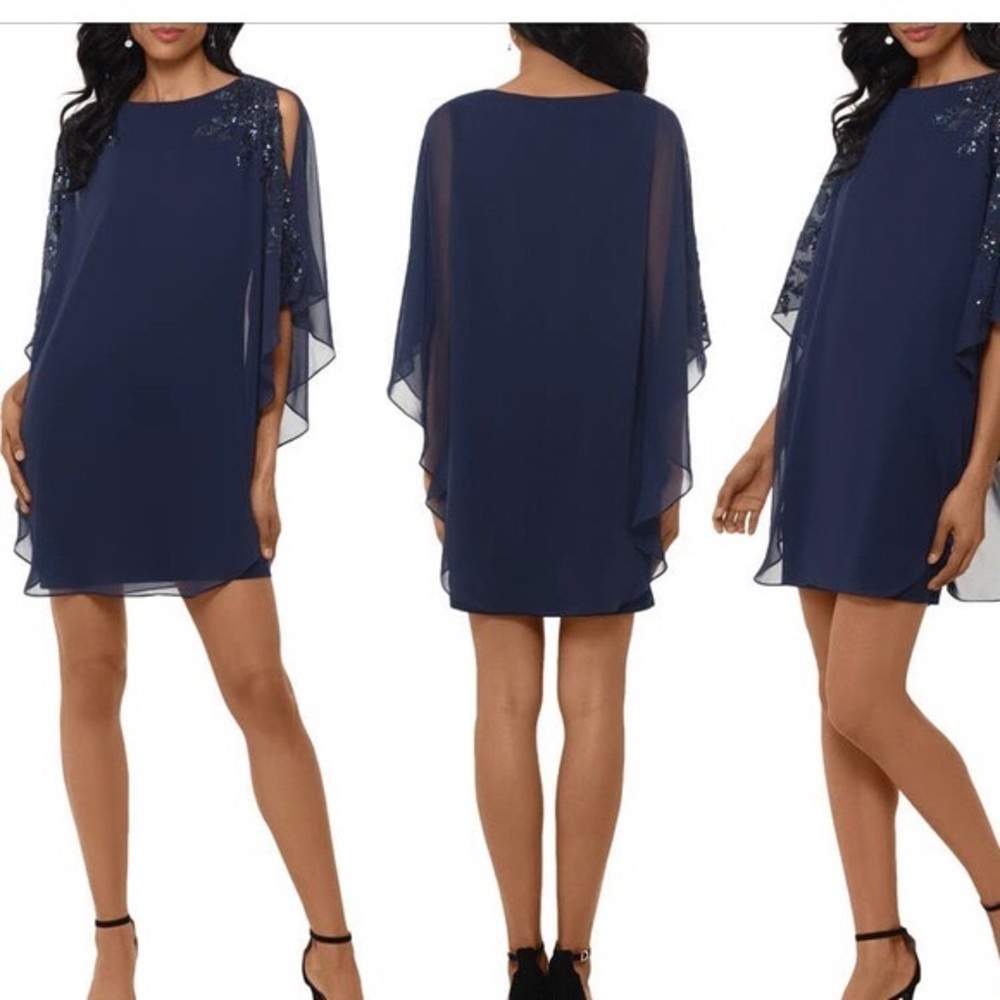 NWT XScape Chiffon Overlay Beaded Sleeve Cocktail Dress Size 16 Navy